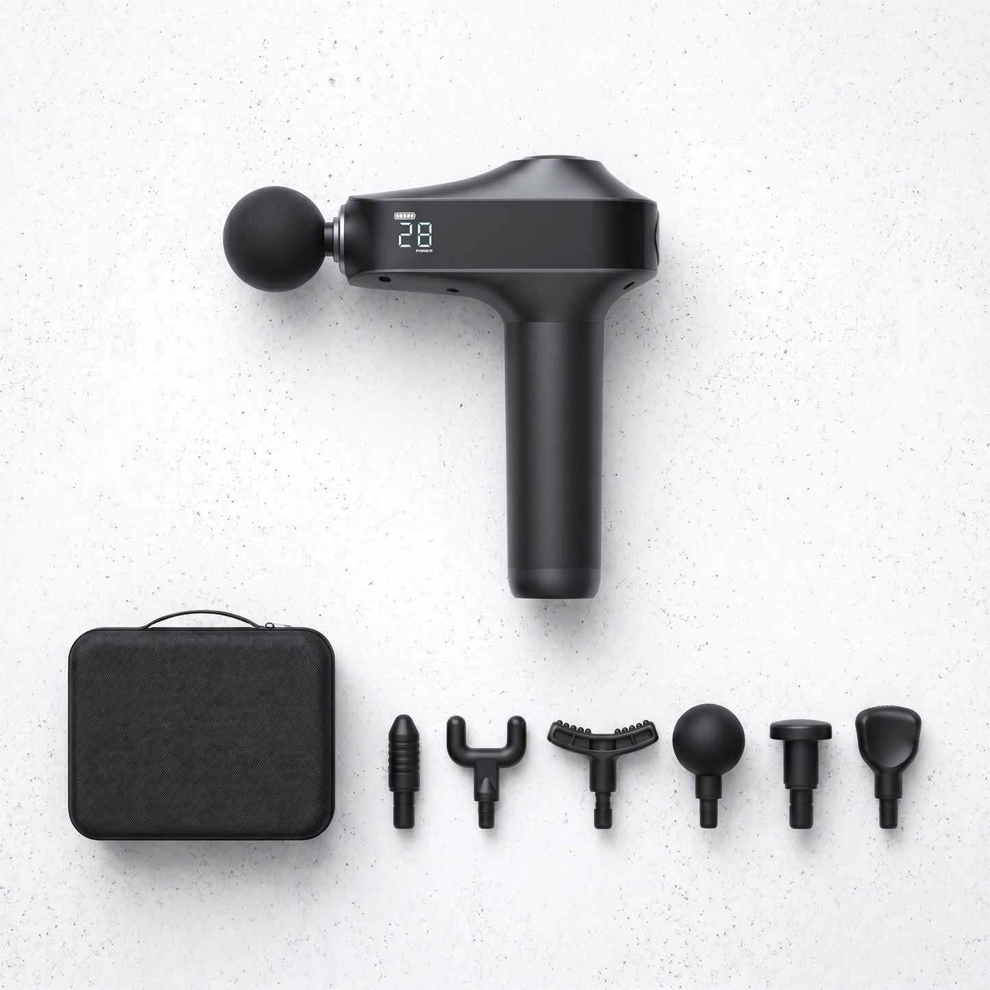 KinéPulse Pro 30 - Flat lay kit complet 6 têtes et étui